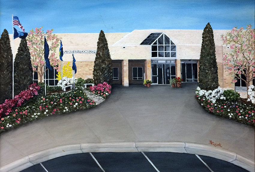 Photograph of a painting depicting the main entrance of Silverbrook Elementary School. The painting hangs in the main office.