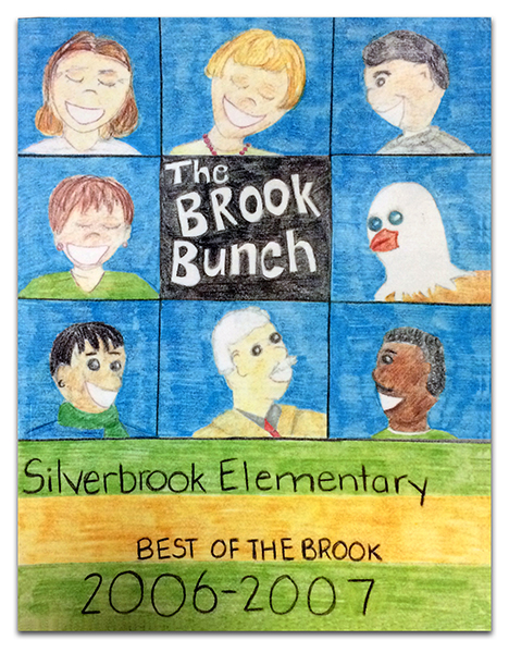 Photograph of the cover of Silverbrook’s 2006 to 2007 yearbook. The student artist drew pictures of several teachers and the principal.